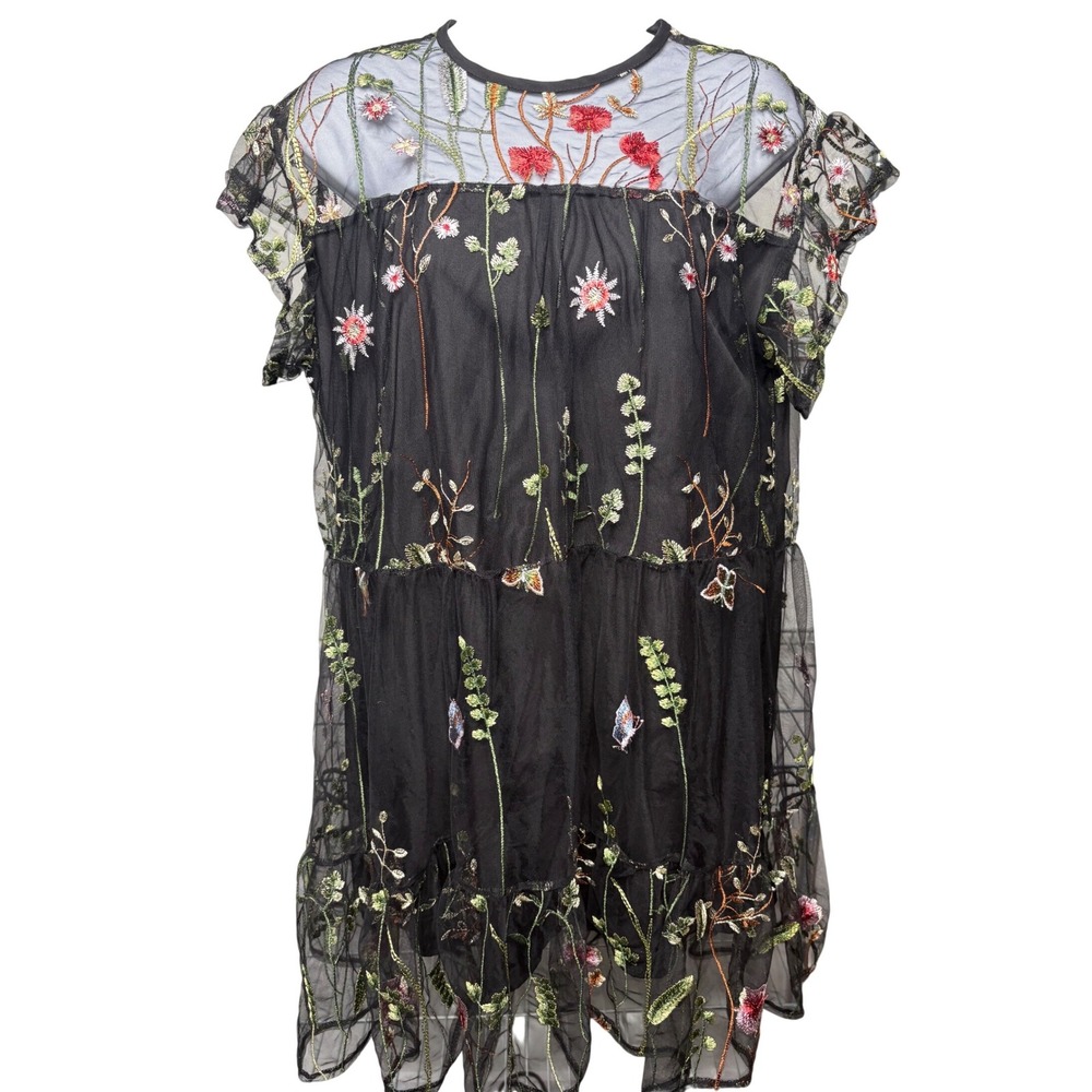 Womens Black Floral Embroidered Mesh Mini Dress Sz S Whimsigoth Boho Romantic